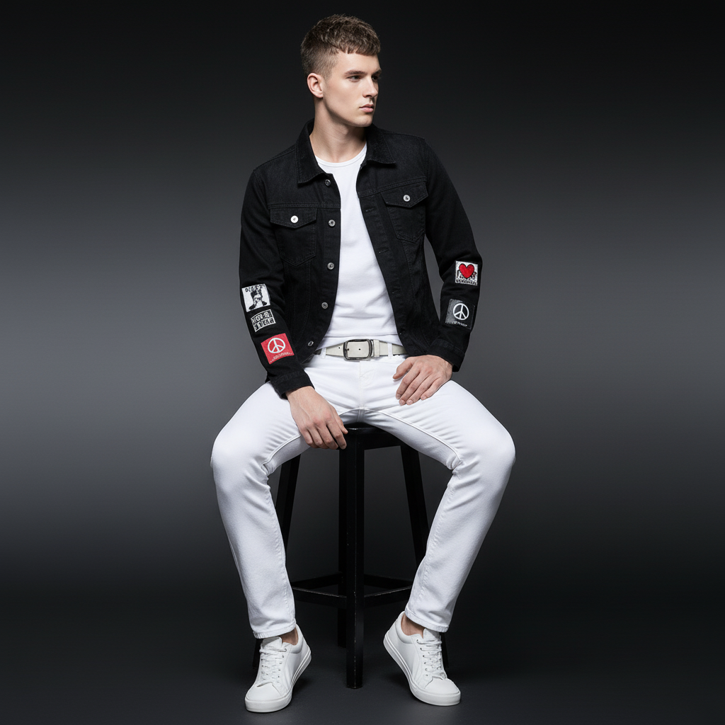 Men's Black Denim Jacket and White Pants Set, Slim Fit Casual Streetwear Outfit with Patch Detail