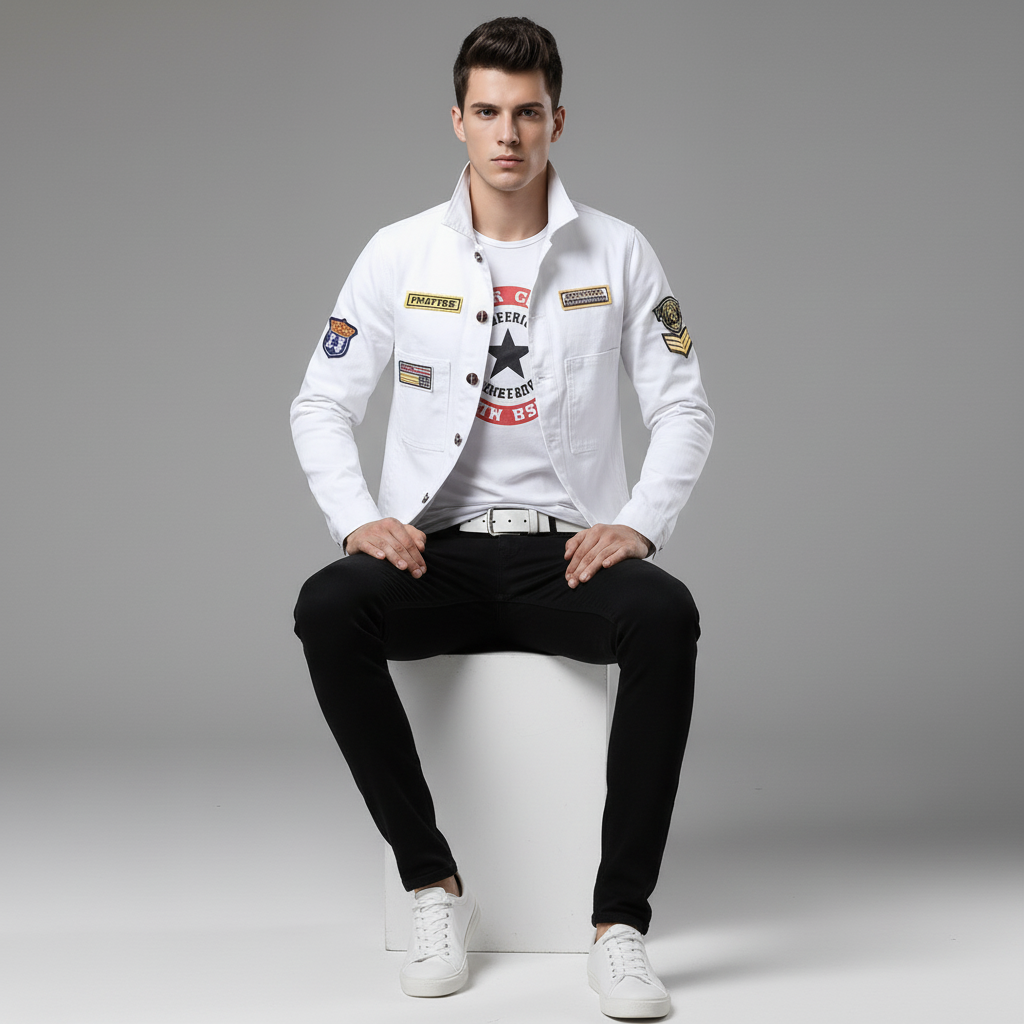 Men's White Denim Jacket with Black Slim Fit Jeans, Casual 2 Piece Streetwear Set with Patch Detail