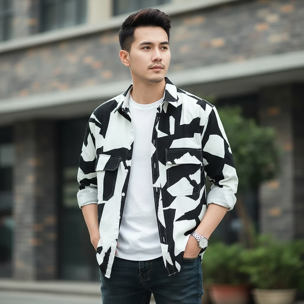 Spring Autumn New Fashion Printing Irregular pattern POLO collar Long sleeve Men's Clothing blouse Casual Single breasted Shirts