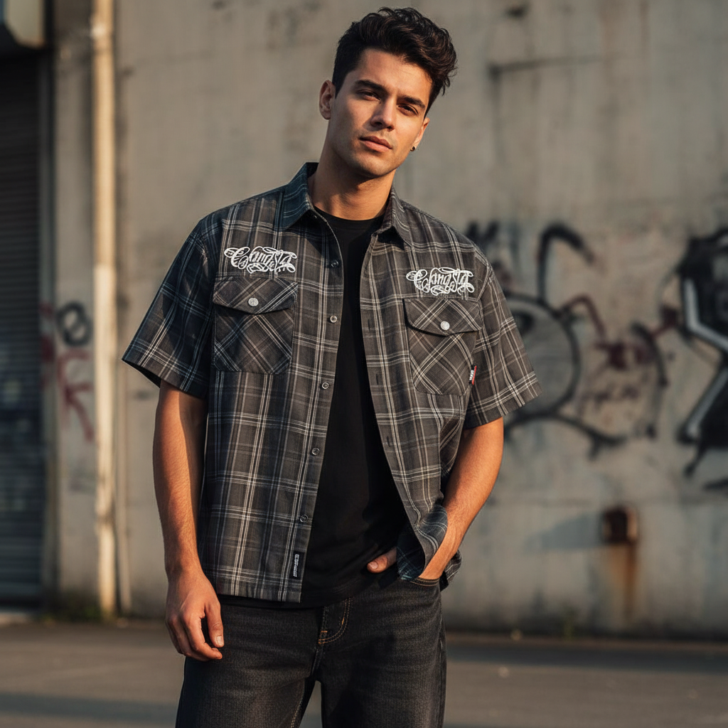 Chicano Safari Short Sleeve Shirt Mens Summer Streetwear Casual Loose Letter Embroidery Lapel Plaid Shirt Man