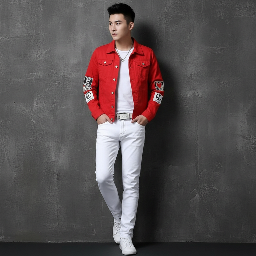 Men's Red Denim Jacket with White Slim Fit Jeans, Casual Streetwear 2 Piece Outfit Set
