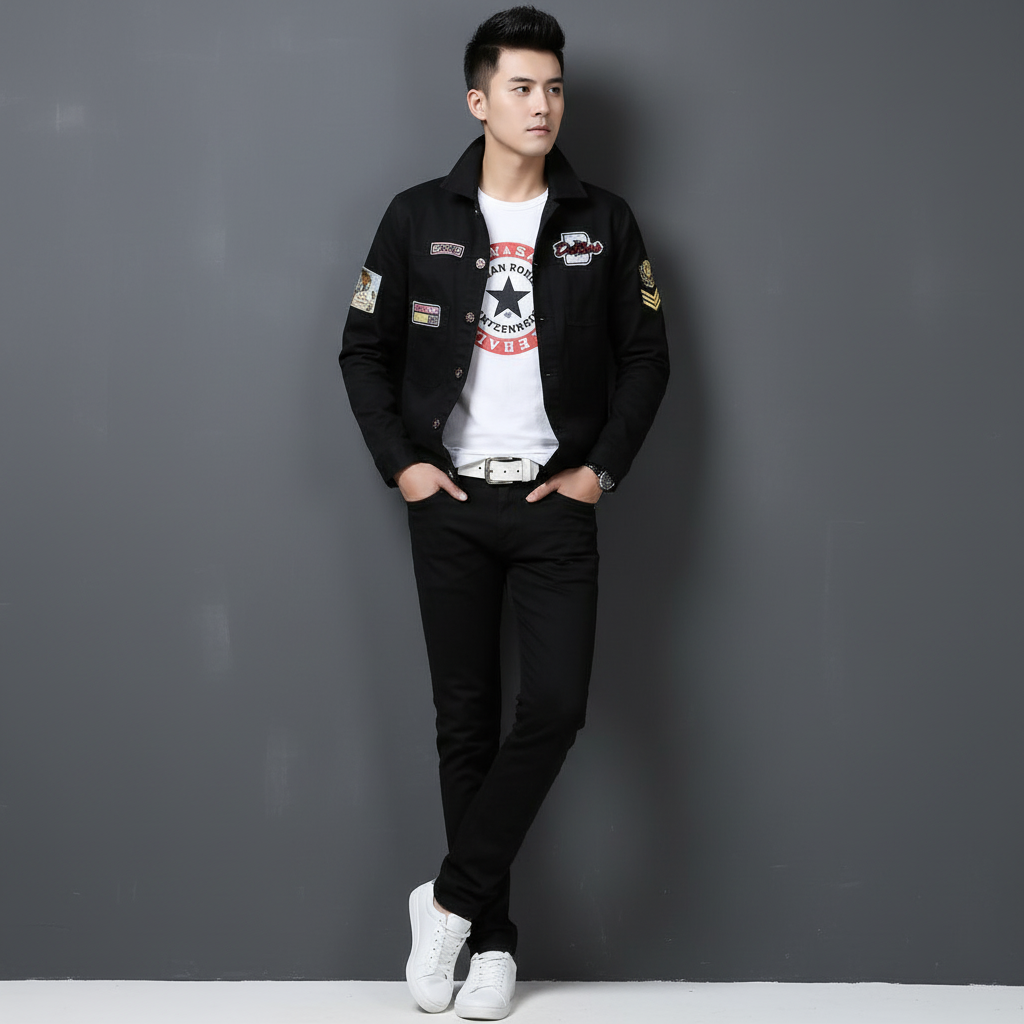 Men's Black Denim Jacket and Jeans Set, Slim Fit Streetwear Outfit for Men with Patch Detail