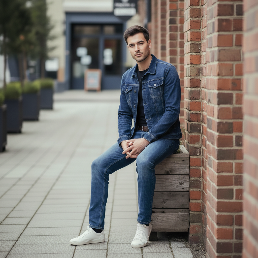 Men's Dark Blue Denim Jacket and Slim Fit Jeans Set, Casual 2 Piece Streetwear Outfit