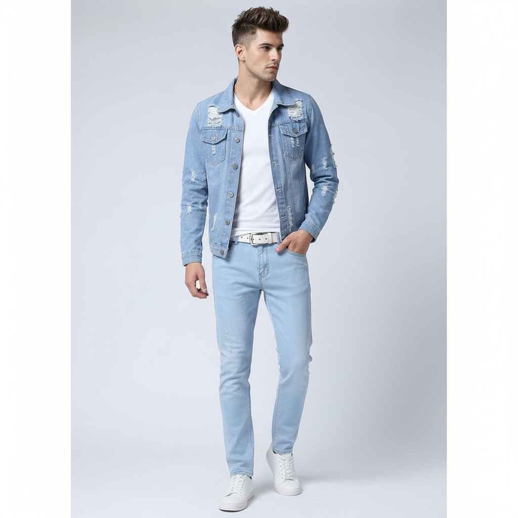 Men's Light Blue Denim Jacket, Ripped Slim Fit Jean Outerwear for Casual Street Style