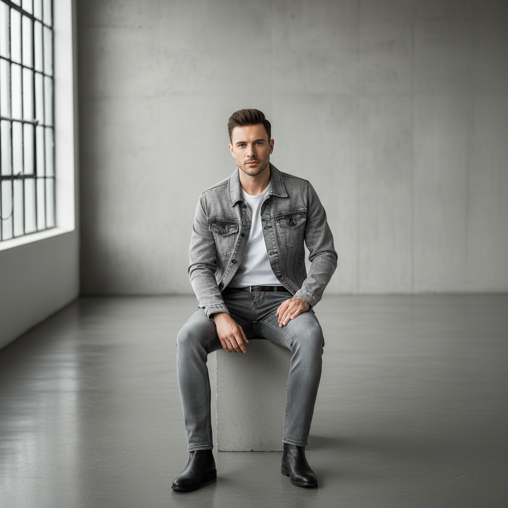 Men's Grey Wash Denim Jacket and Slim Fit Jeans Set, Casual 2 Piece Fashion Outfit for Men