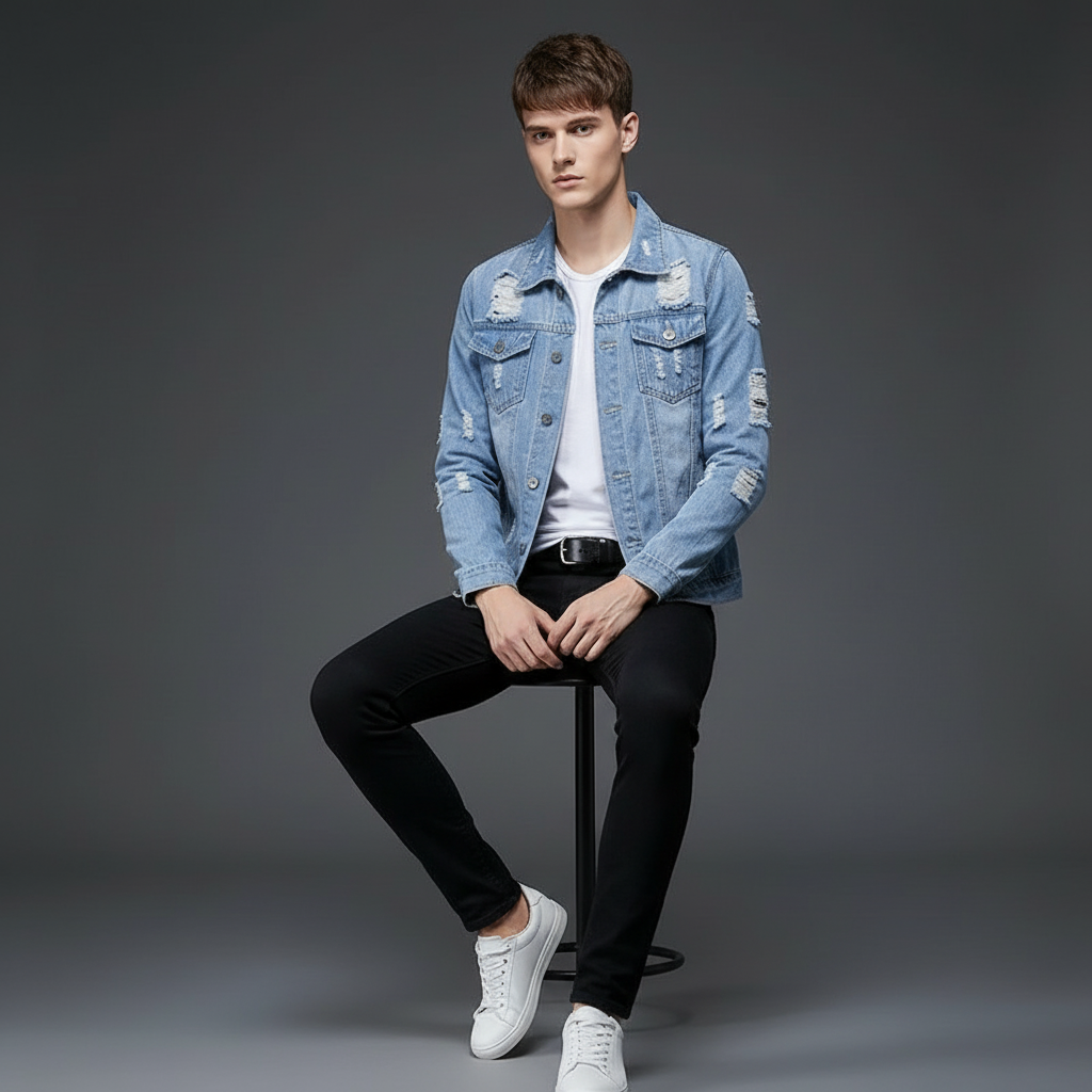 Men's Distressed Light Wash Denim Jacket, Slim Fit Streetwear Jean Coat for Casual Wear