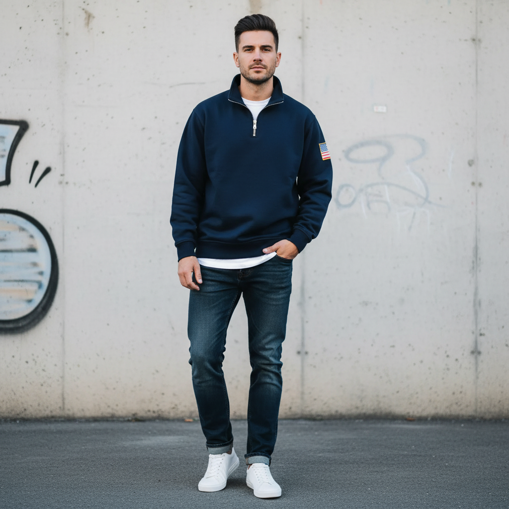 USA Retro Harajuku Embroidery Pullover Quarterzip Stand Collar Polo Shirt Sweatshirt Casual Men Clotheing