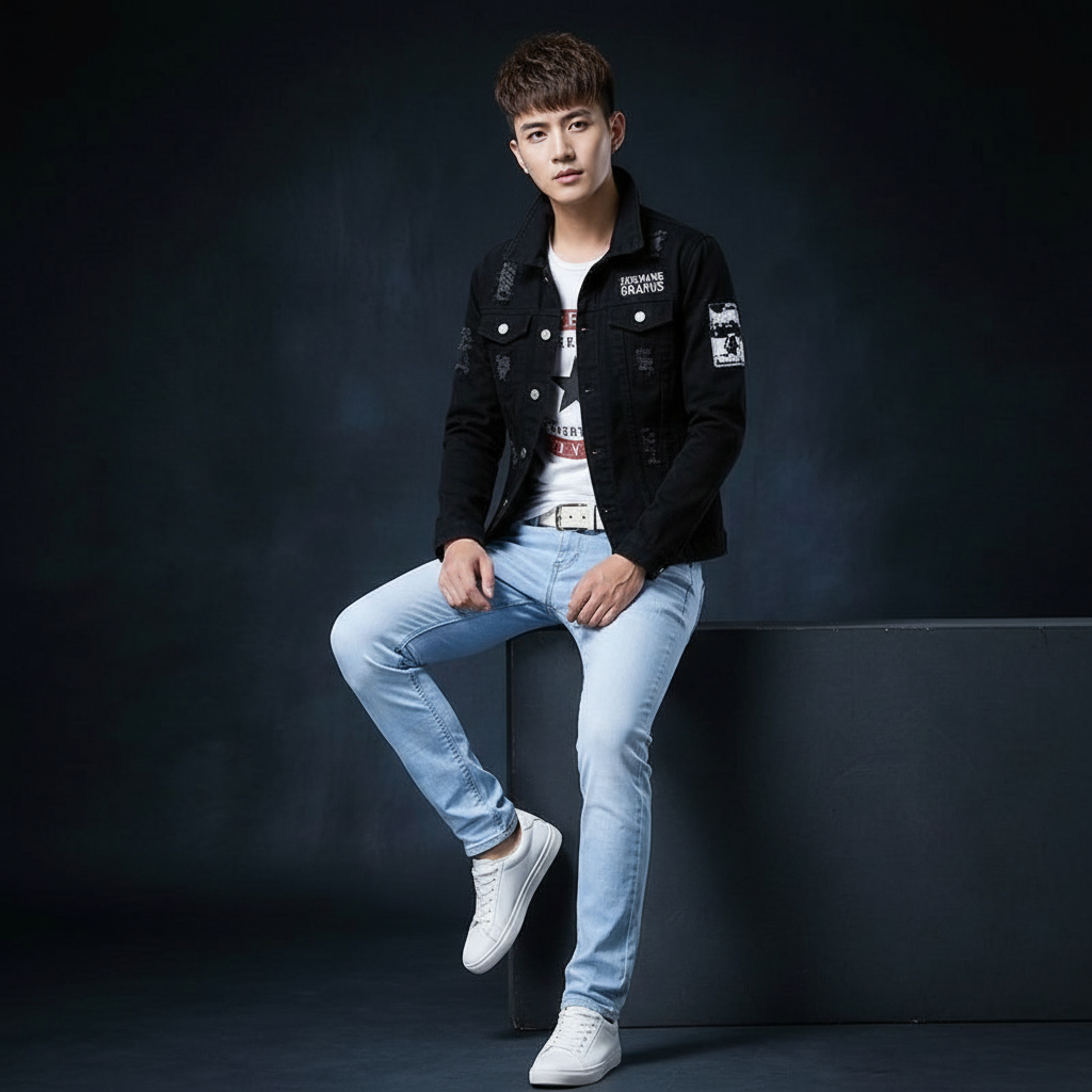 Men's Black Denim Jacket with Light Blue Slim Fit Jeans, Casual Streetwear 2 Piece Outfit Set