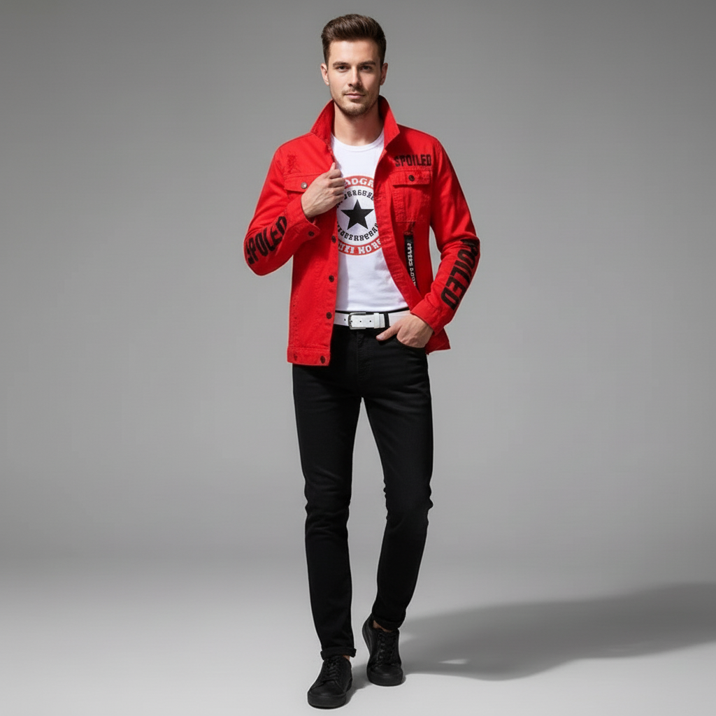 Men Slim Fit Red Denim Jacket and Jeans Set, Slim Fit Jeans for Men, Streetwear Casual Suit, Printed Outfit
