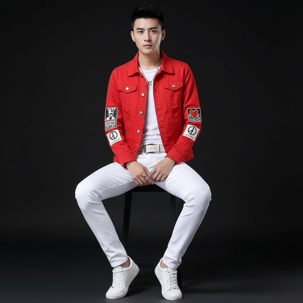 Men's Red Denim Jacket with White Slim Fit Jeans, Casual Streetwear 2 Piece Outfit Set