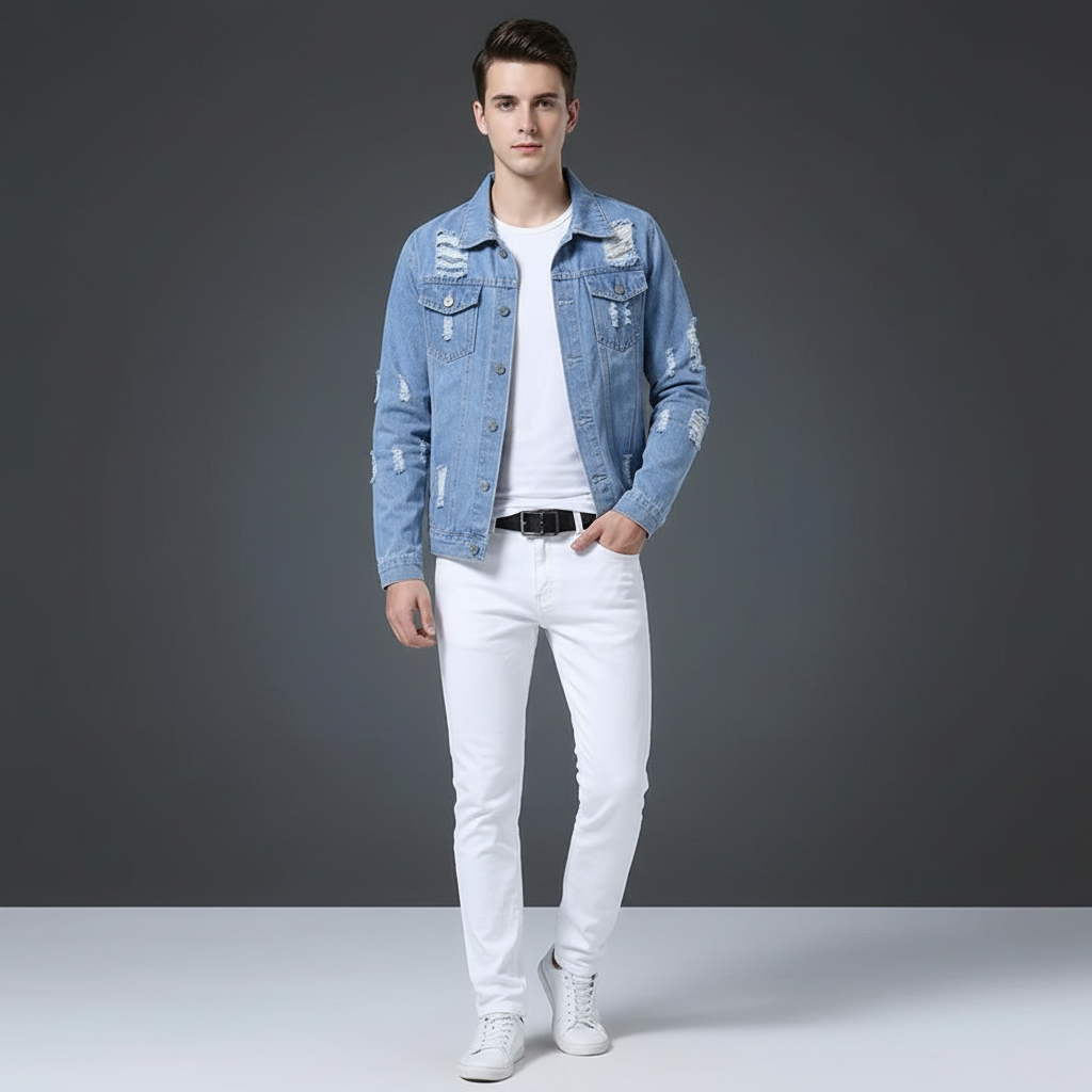 Men's Light Wash Denim Jacket and White Pants Set, Slim Fit Casual Streetwear Outfit for Men