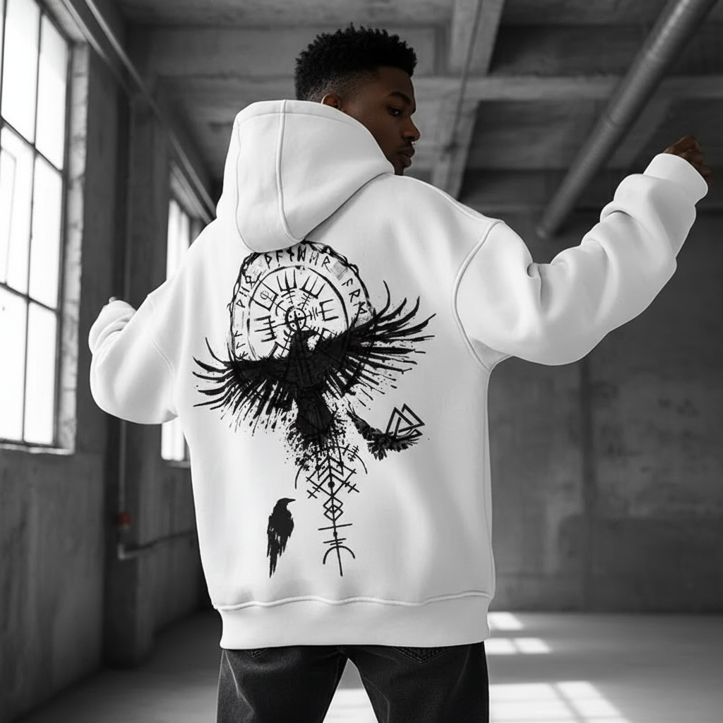 2026 Totem Viking Eagle Print, Men Long-sleeve Hooded Sweatshirt Autumn Winter, Daily Outdoor Casual Street Fashion Sportswear