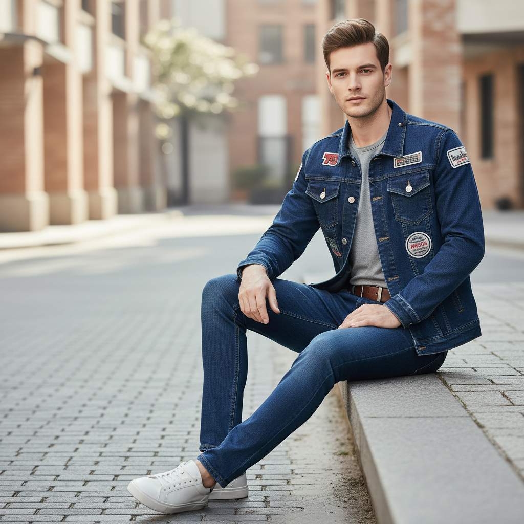 Men's Dark Wash Denim Jacket and Jeans Set, Slim Fit 2 Piece Casual Outfit with Vintage Patch Detail