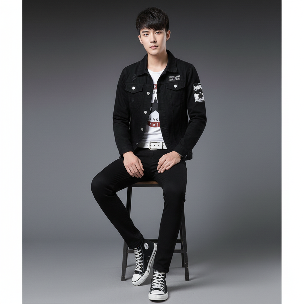 Black Denim Jacket and Jeans Set, Men Slim Fit Outfit, Casual Streetwear Suit for Men