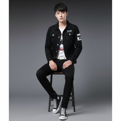 Black Denim Jacket and Jeans Set, Men Slim Fit Outfit, Casual Streetwear Suit for Men
