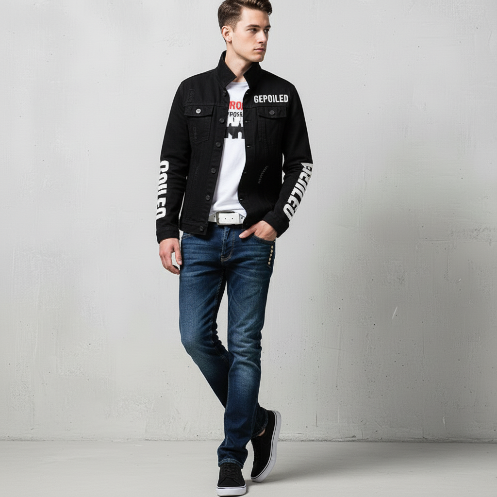 Men Slim Fit Denim Jacket and Jeans Set, Slim Fit Jeans for Men, Streetwear Casual Suit, Black Blue Printed Outfit