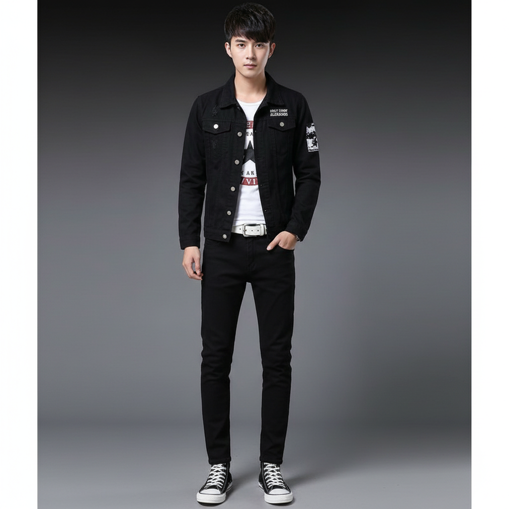 Black Denim Jacket and Jeans Set, Men Slim Fit Outfit, Casual Streetwear Suit for Men