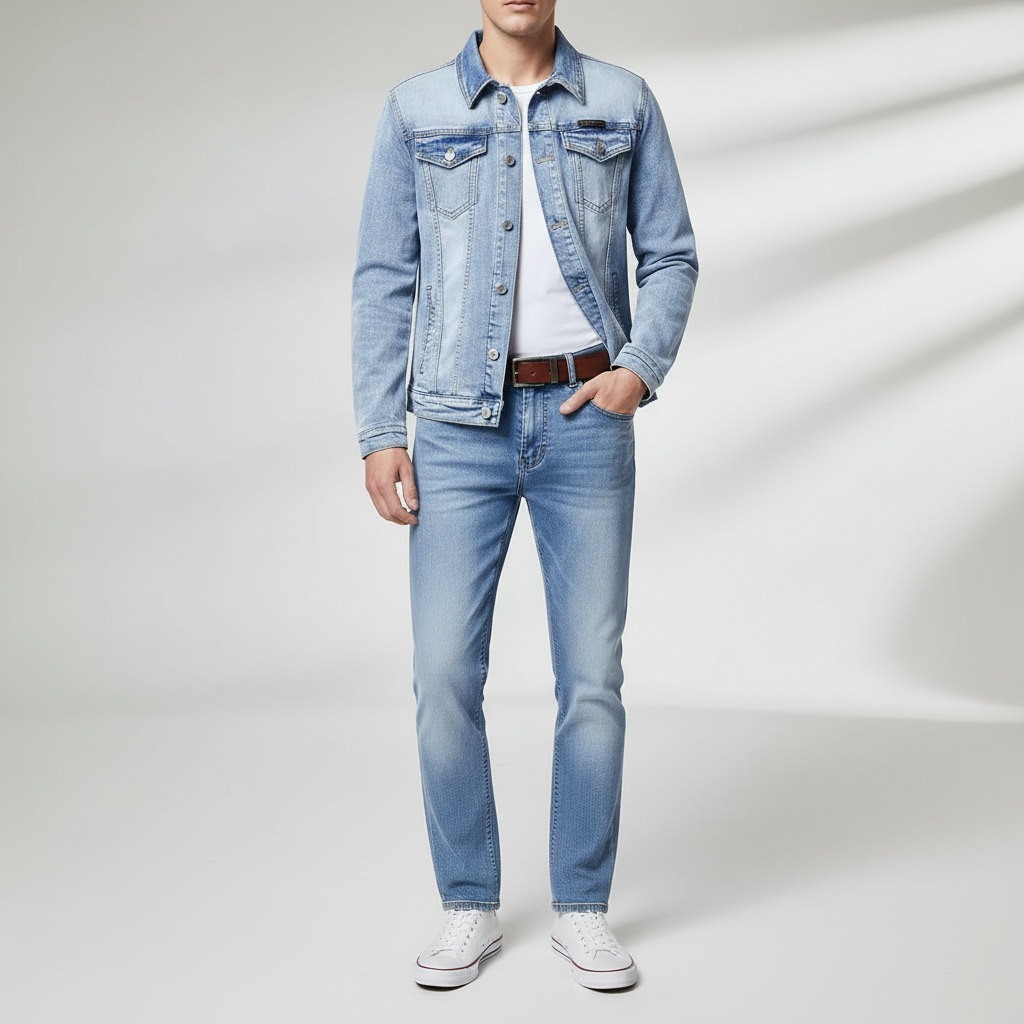 Men's Light Wash Denim Jacket and Jeans Set, Slim Fit 2 Piece Casual Fashion Outfit