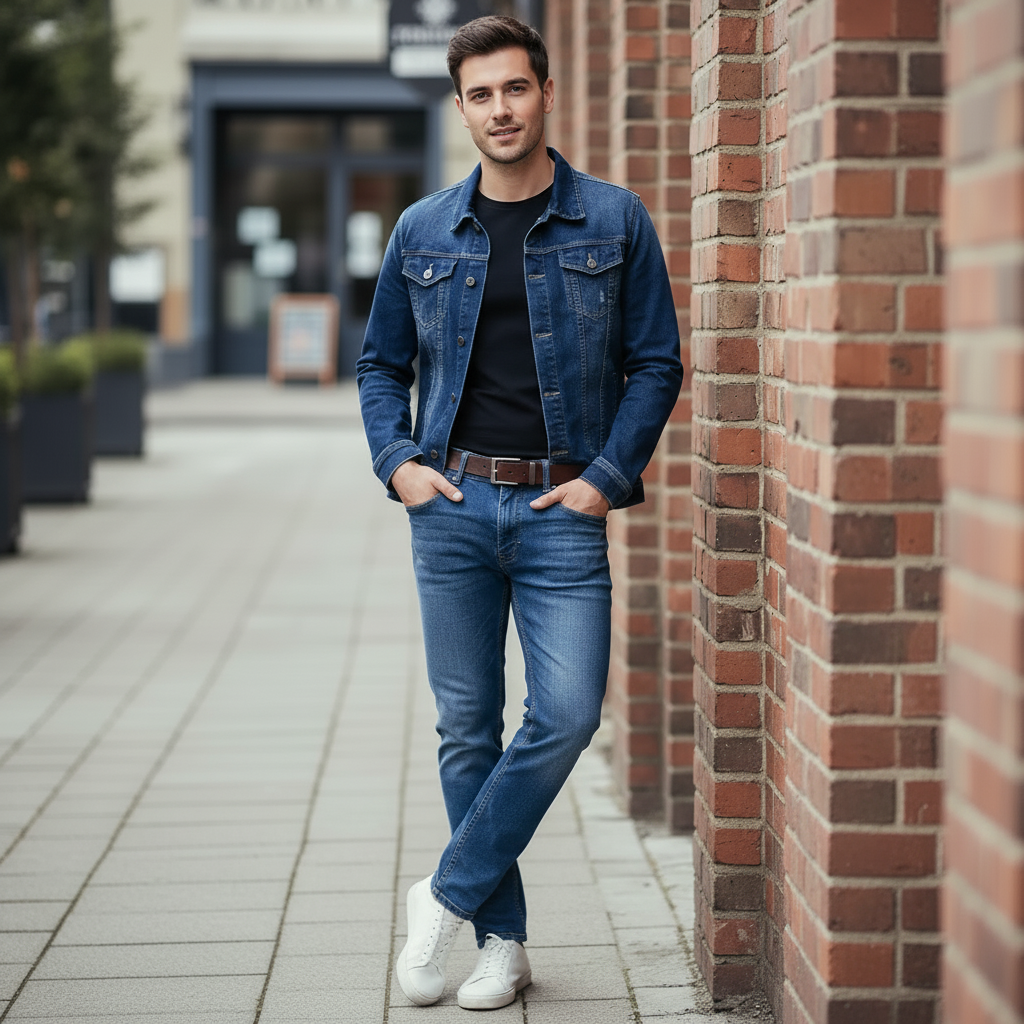 Men's Dark Blue Denim Jacket and Slim Fit Jeans Set, Casual 2 Piece Streetwear Outfit