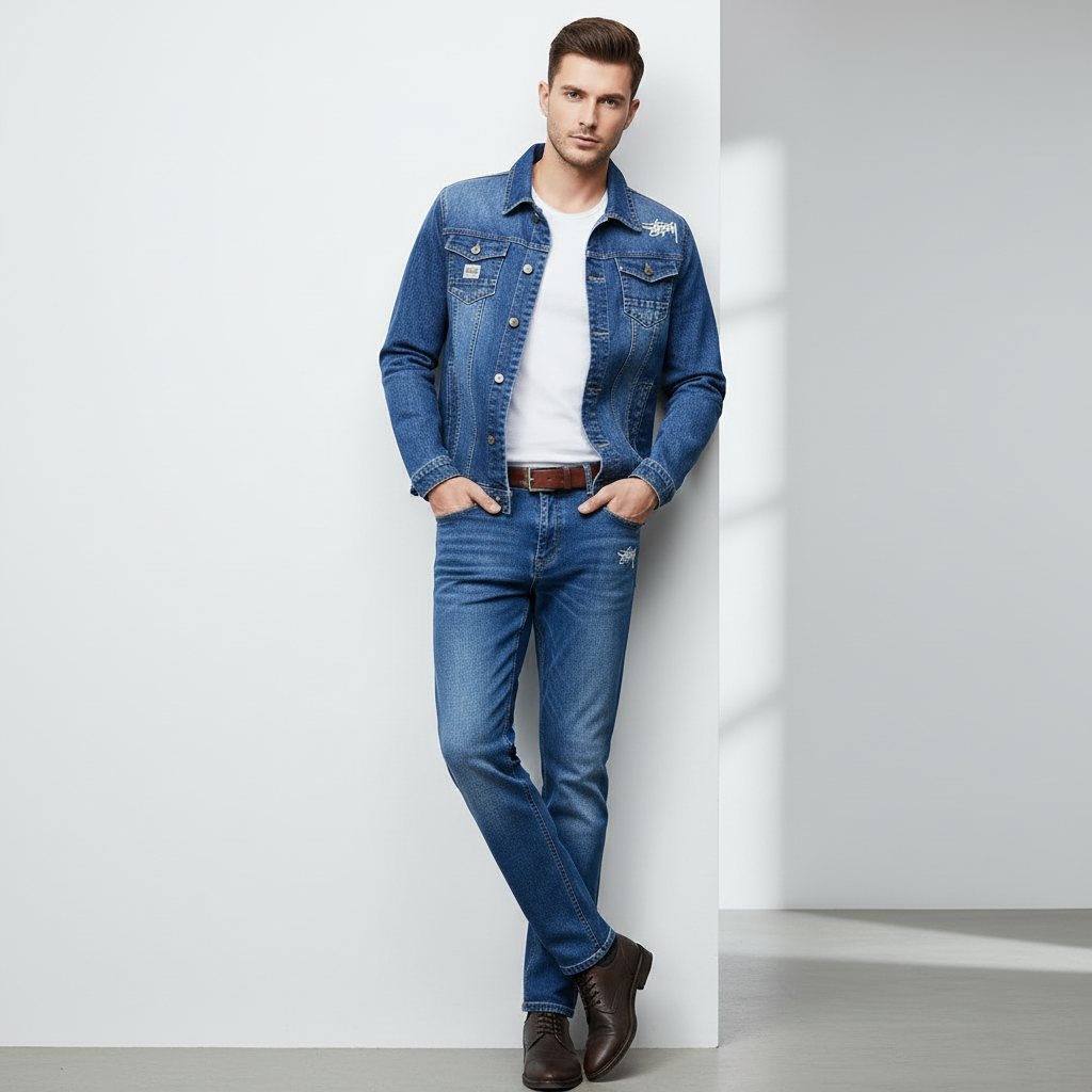 Men's Blue Denim Jacket and Slim Fit Jeans Set, Casual 2 Piece Streetwear Outfit for Men