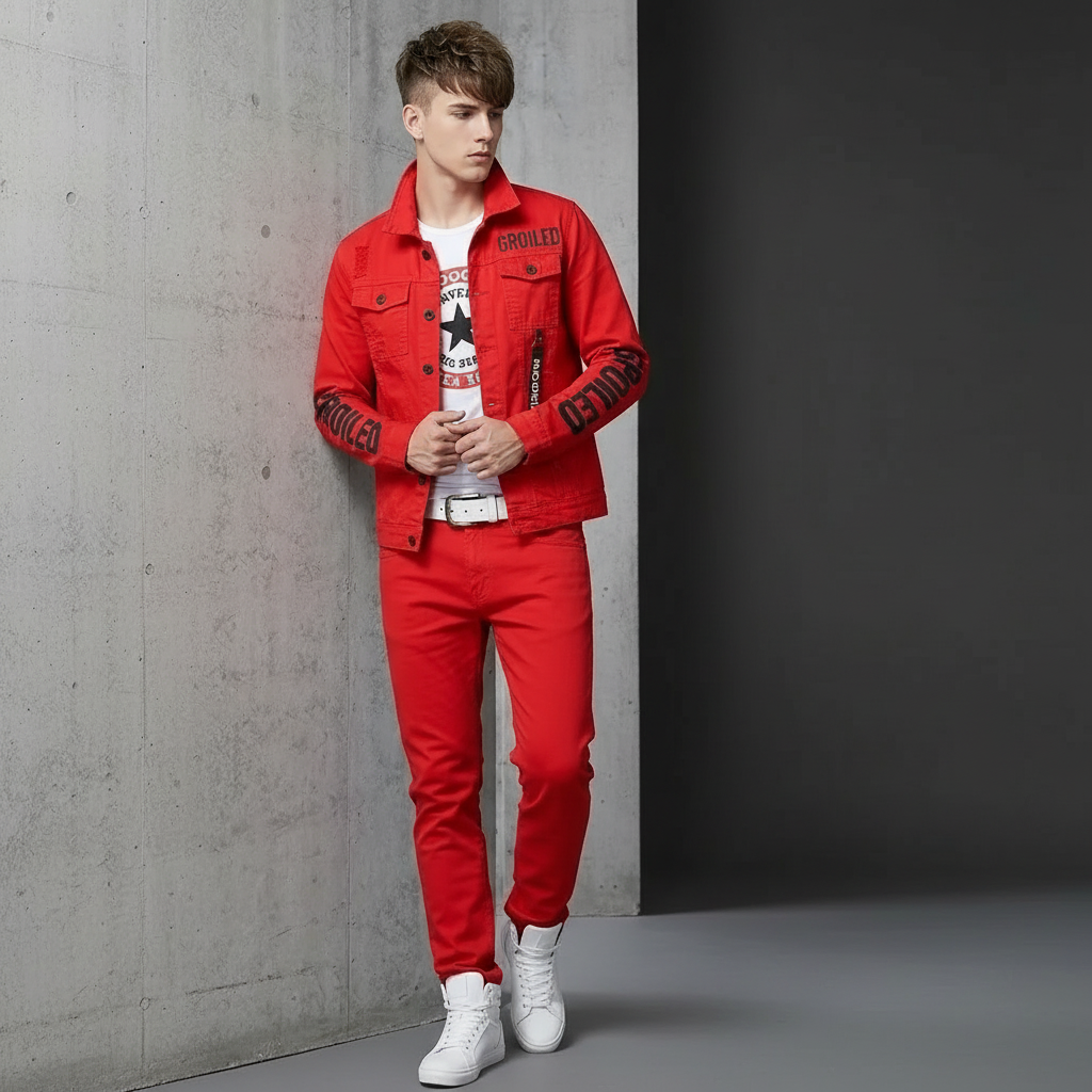 Men Slim Fit Denim Jacket Set, Slim Fit Jeans for Men, 2 Piece Streetwear Outfit, Hip Hop Casual Suit