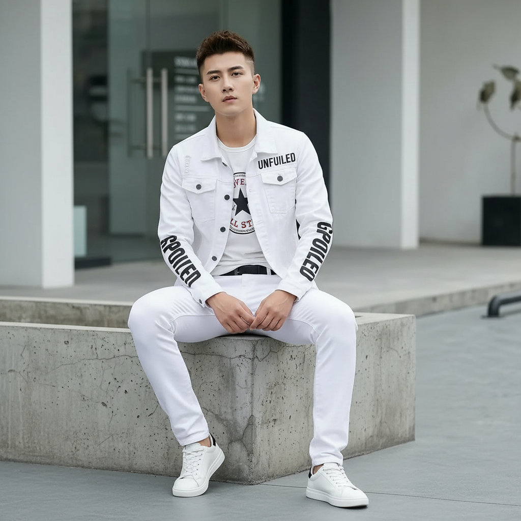 Men Slim Fit White Denim Jacket and Jeans Set, Slim Fit Jeans for Men, Streetwear Casual Suit, Printed Outfit