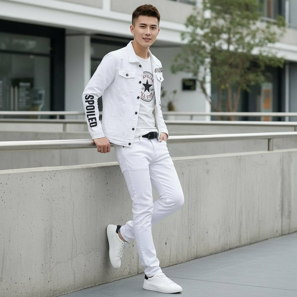 Men Slim Fit White Denim Jacket and Jeans Set, Slim Fit Jeans for Men, Streetwear Casual Suit, Printed Outfit