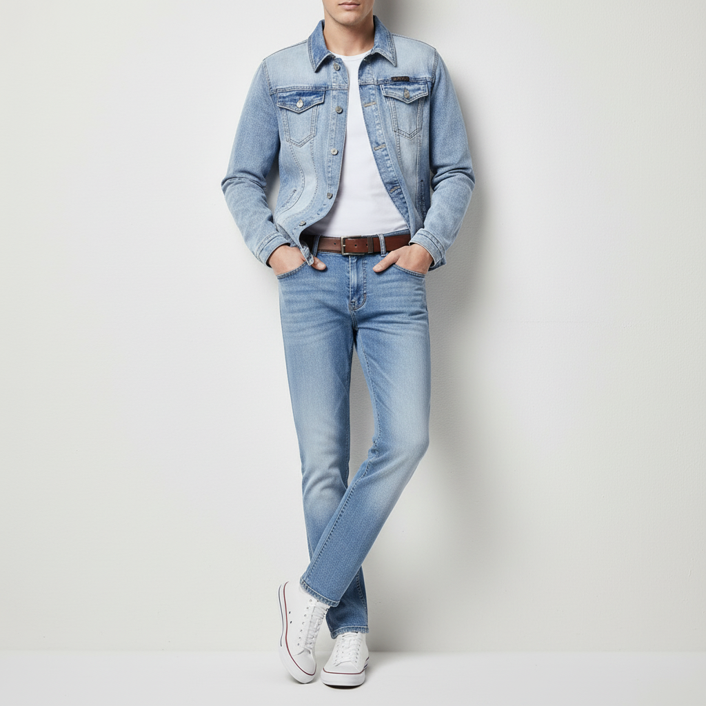 Men's Light Wash Denim Jacket and Jeans Set, Slim Fit 2 Piece Casual Fashion Outfit