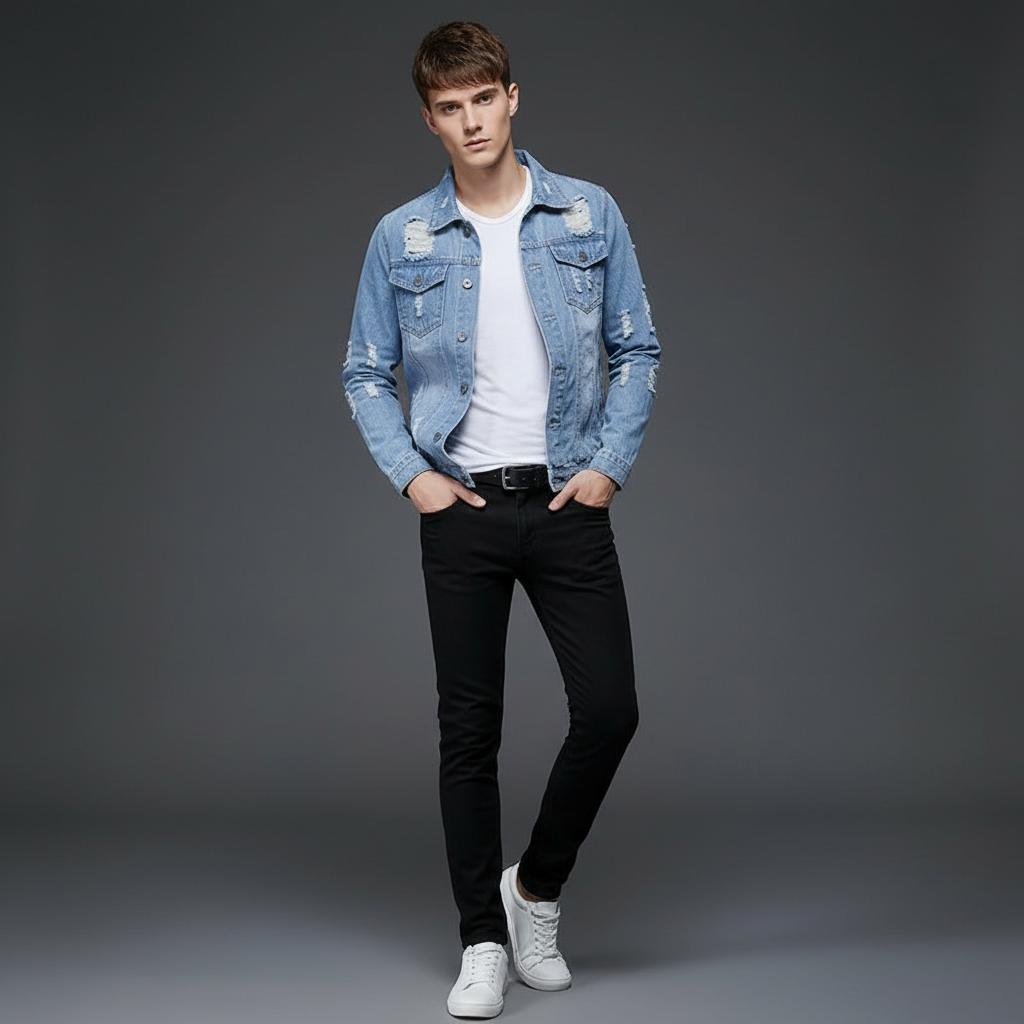 Men's Distressed Light Wash Denim Jacket, Slim Fit Streetwear Jean Coat for Casual Wear
