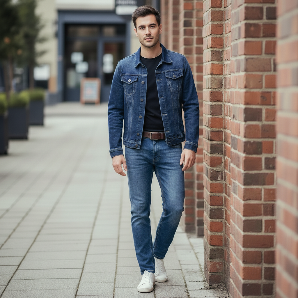 Men's Dark Blue Denim Jacket and Slim Fit Jeans Set, Casual 2 Piece Streetwear Outfit