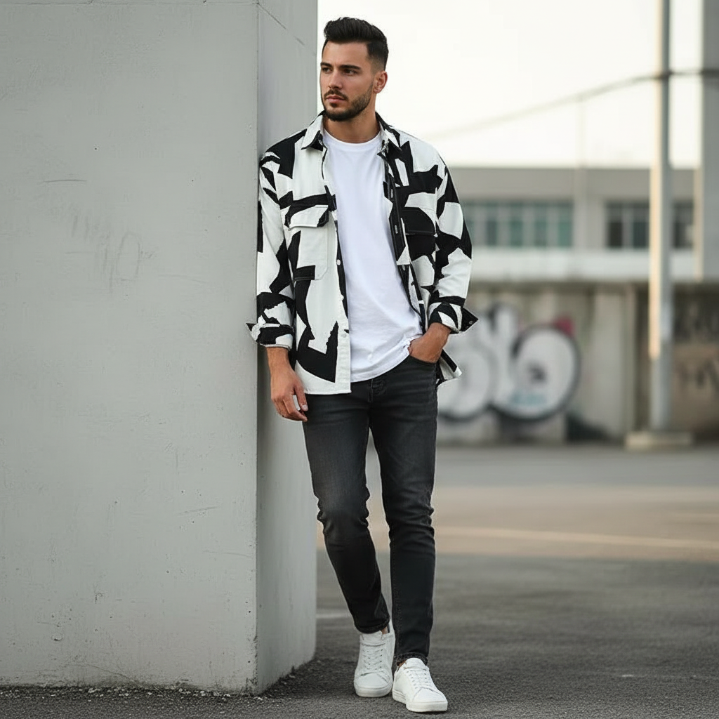 Spring Autumn New Fashion Printing Irregular pattern POLO collar Long sleeve Men's Clothing blouse Casual Single breasted Shirts
