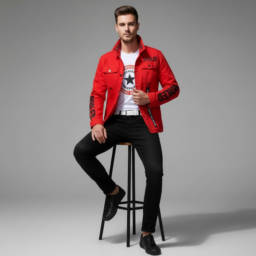 Men Slim Fit Red Denim Jacket and Jeans Set, Slim Fit Jeans for Men, Streetwear Casual Suit, Printed Outfit