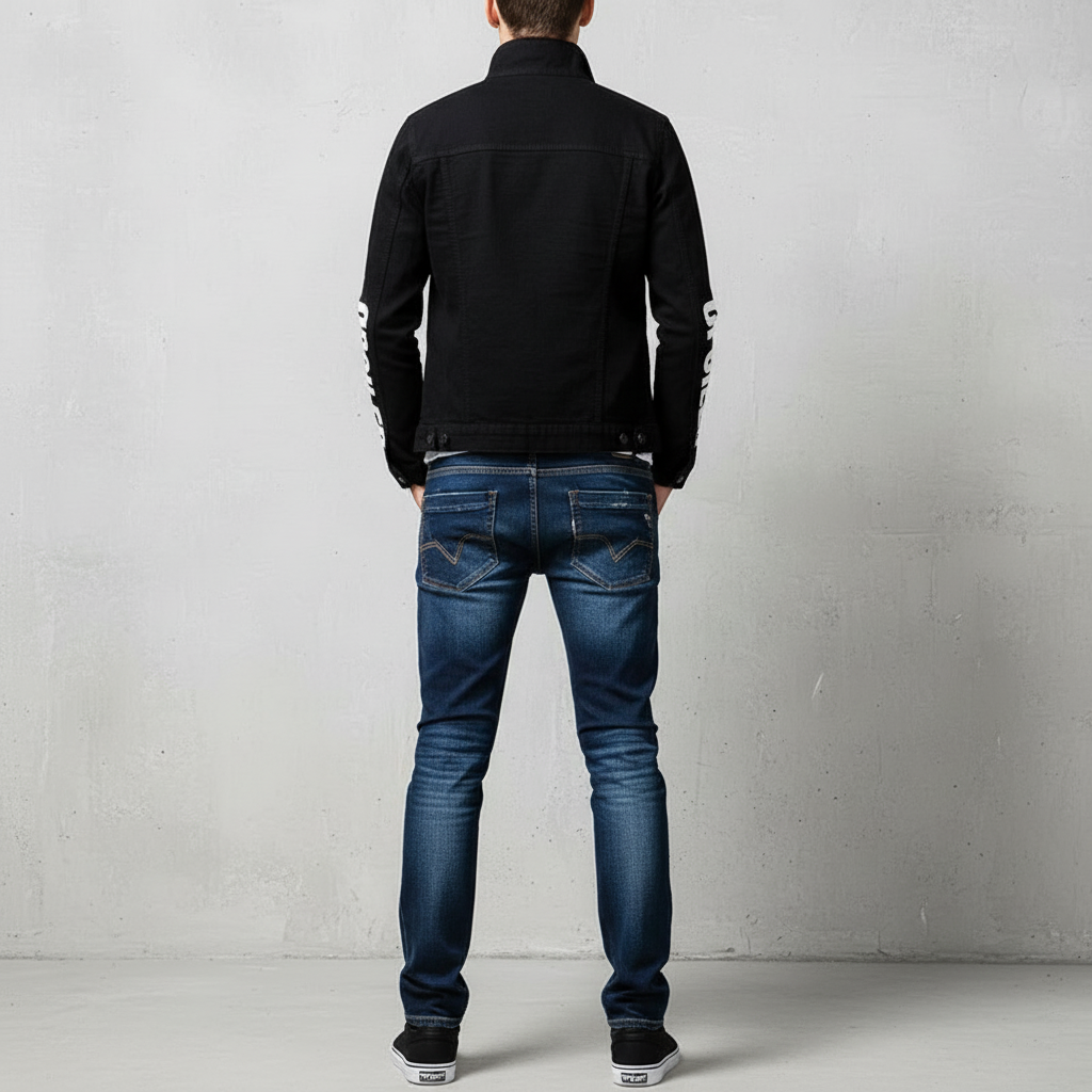 Men Slim Fit Denim Jacket and Jeans Set, Slim Fit Jeans for Men, Streetwear Casual Suit, Black Blue Printed Outfit