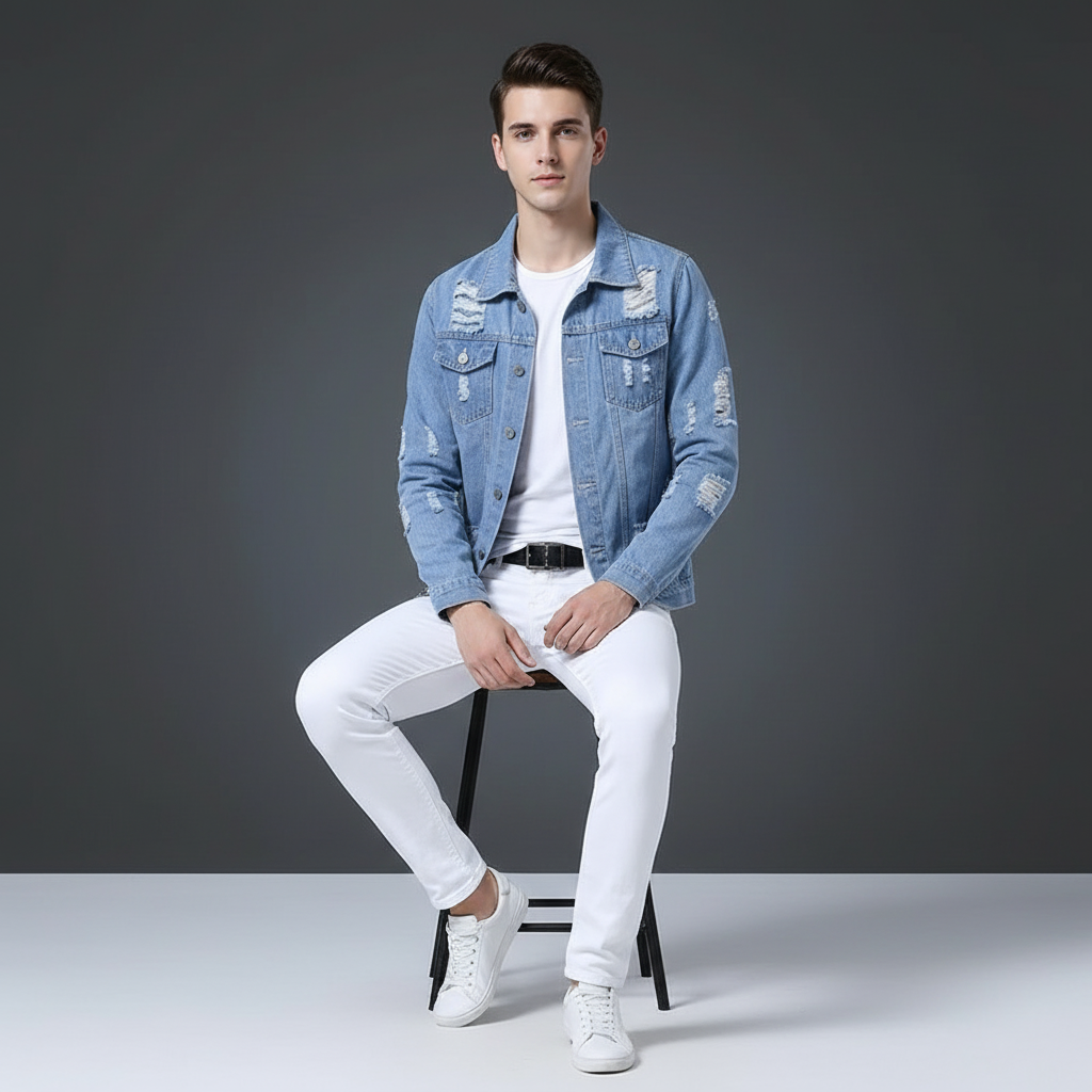 Men's Light Wash Denim Jacket and White Pants Set, Slim Fit Casual Streetwear Outfit for Men