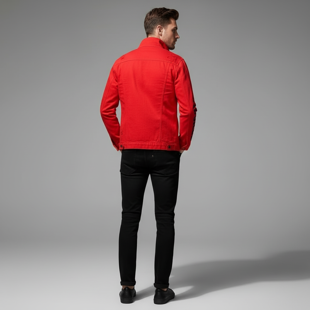 Men Slim Fit Red Denim Jacket and Jeans Set, Slim Fit Jeans for Men, Streetwear Casual Suit, Printed Outfit