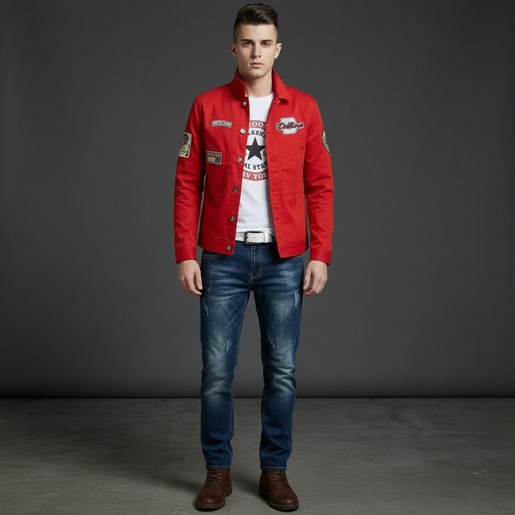 Men's Red Denim Jacket and Blue Jeans Set, Slim Fit Casual Streetwear Outfit with Patch Detail