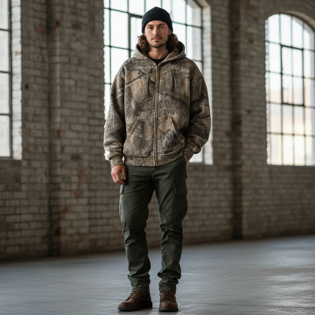 Retro Zip Up Hoodie Men Camouflage Pattern Zipper Sweatshirt High Street Hip Hop Streetwear Oversized Unisex Camo Hoodie