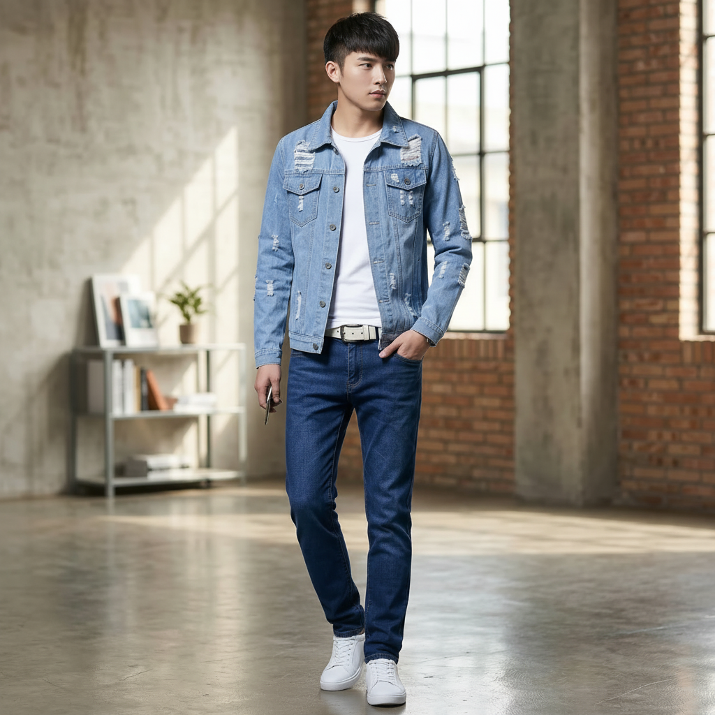 Light Blue Distressed Denim Jacket and Jeans Set for Men, Slim Fit Casual Streetwear Outfit