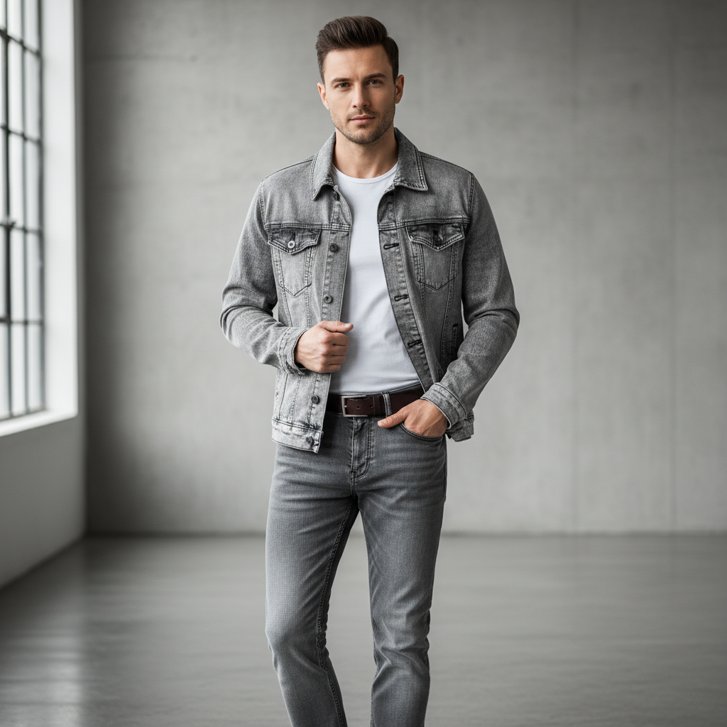 Men's Grey Wash Denim Jacket and Slim Fit Jeans Set, Casual 2 Piece Fashion Outfit for Men