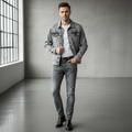 Men's Grey Wash Denim Jacket and Slim Fit Jeans Set, Casual 2 Piece Fashion Outfit for Men