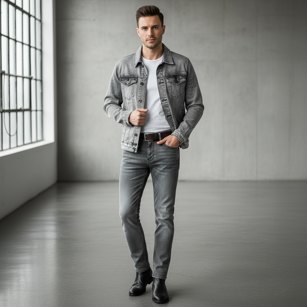 Men's Grey Wash Denim Jacket and Slim Fit Jeans Set, Casual 2 Piece Fashion Outfit for Men