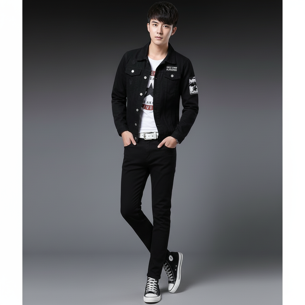 Black Denim Jacket and Jeans Set, Men Slim Fit Outfit, Casual Streetwear Suit for Men