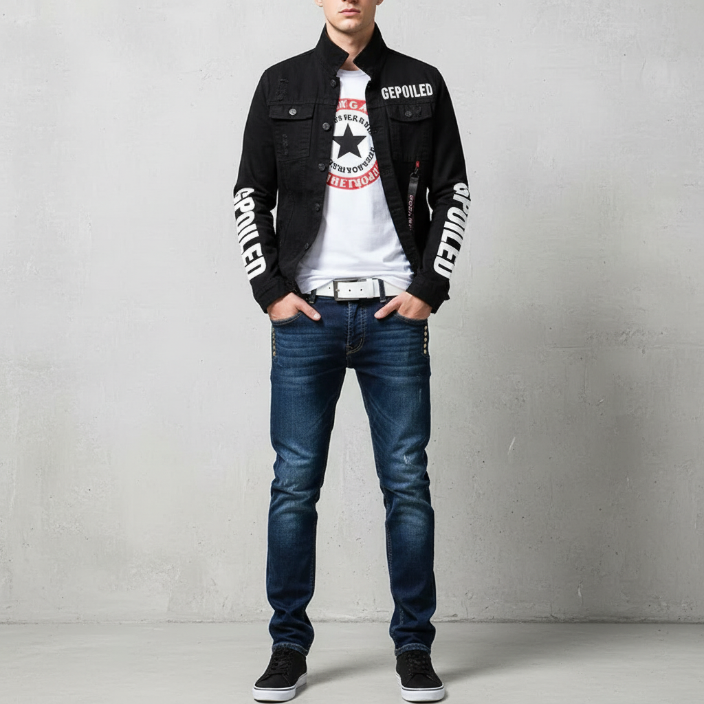 Men Slim Fit Denim Jacket and Jeans Set, Slim Fit Jeans for Men, Streetwear Casual Suit, Black Blue Printed Outfit