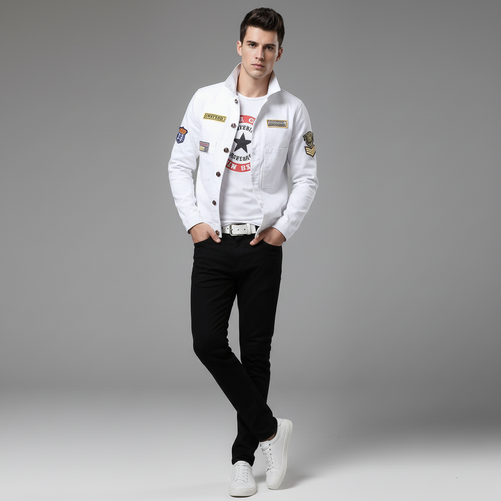 Men's White Denim Jacket with Black Slim Fit Jeans, Casual 2 Piece Streetwear Set with Patch Detail