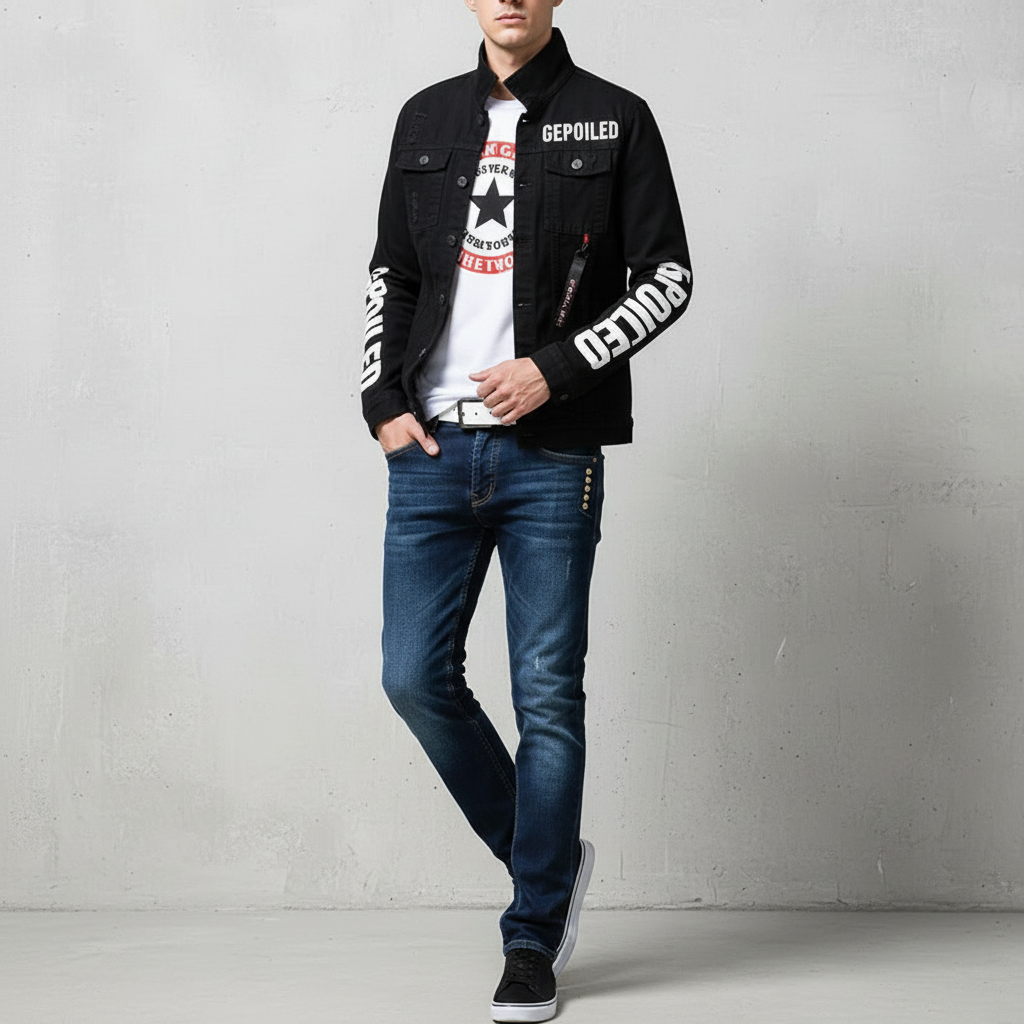 Men Slim Fit Denim Jacket and Jeans Set, Slim Fit Jeans for Men, Streetwear Casual Suit, Black Blue Printed Outfit