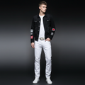 Men's Black Denim Jacket and White Pants Set, Slim Fit Casual Streetwear Outfit with Patch Detail