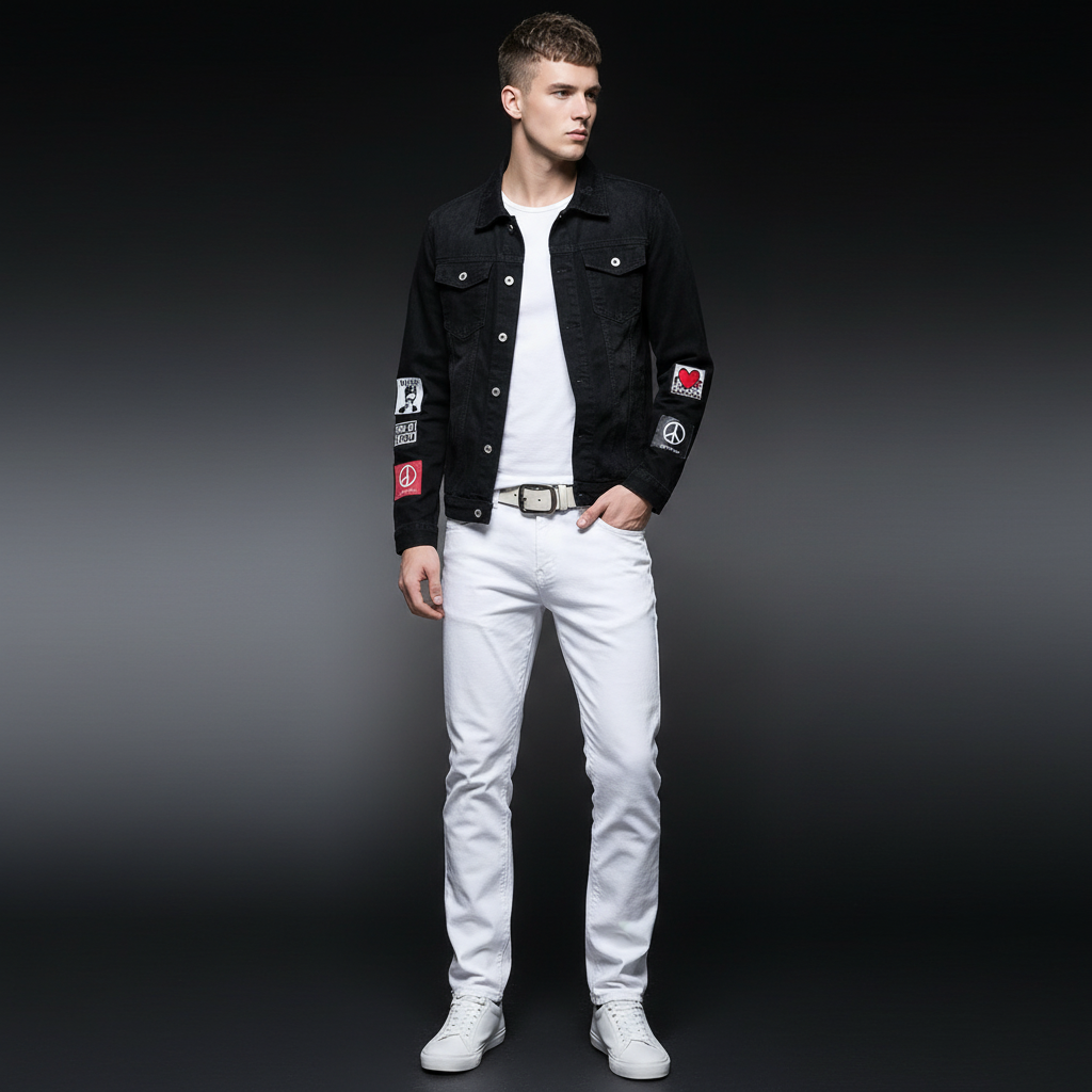 Men's Black Denim Jacket and White Pants Set, Slim Fit Casual Streetwear Outfit with Patch Detail