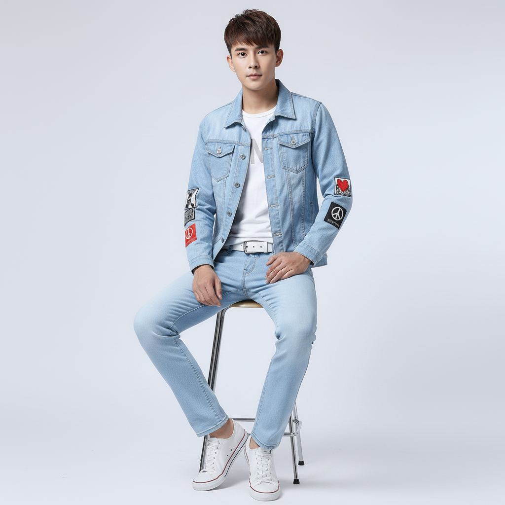 Men's Slim Fit Denim Jacket and Jeans Set, Light Blue Casual Streetwear Outfit with Patch Detail