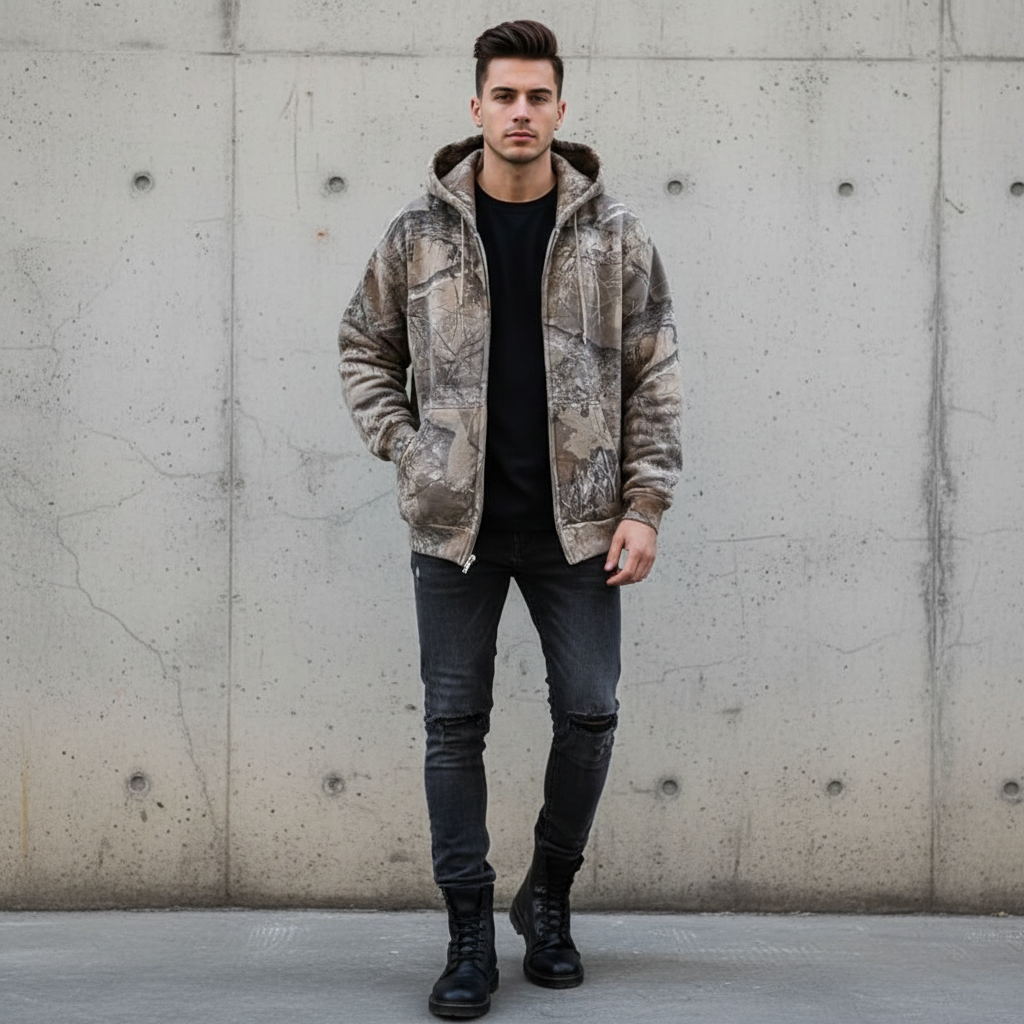 Retro Zip Up Hoodie Men Camouflage Pattern Zipper Sweatshirt High Street Hip Hop Streetwear Oversized Unisex Camo Hoodie
