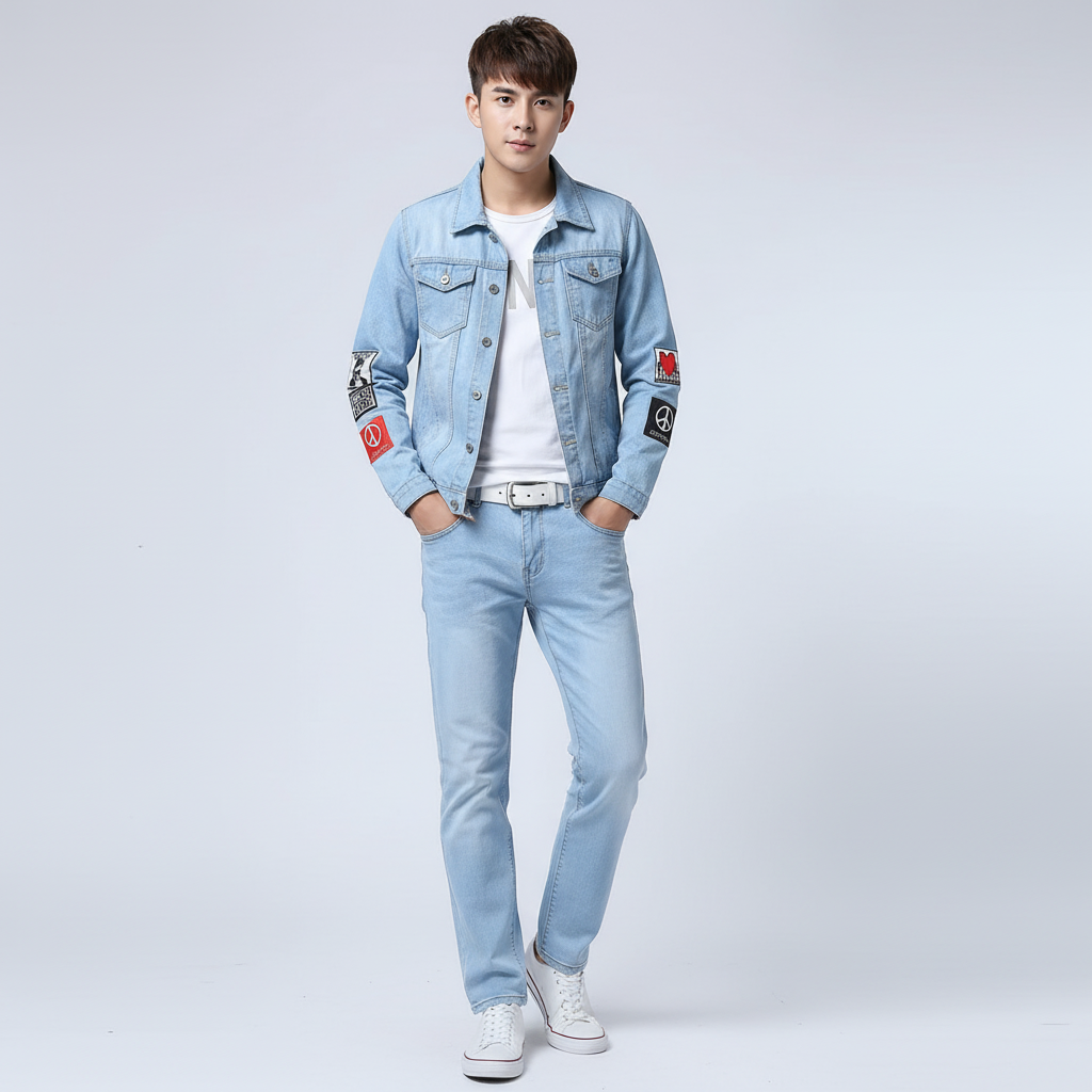 Men's Slim Fit Denim Jacket and Jeans Set, Light Blue Casual Streetwear Outfit with Patch Detail